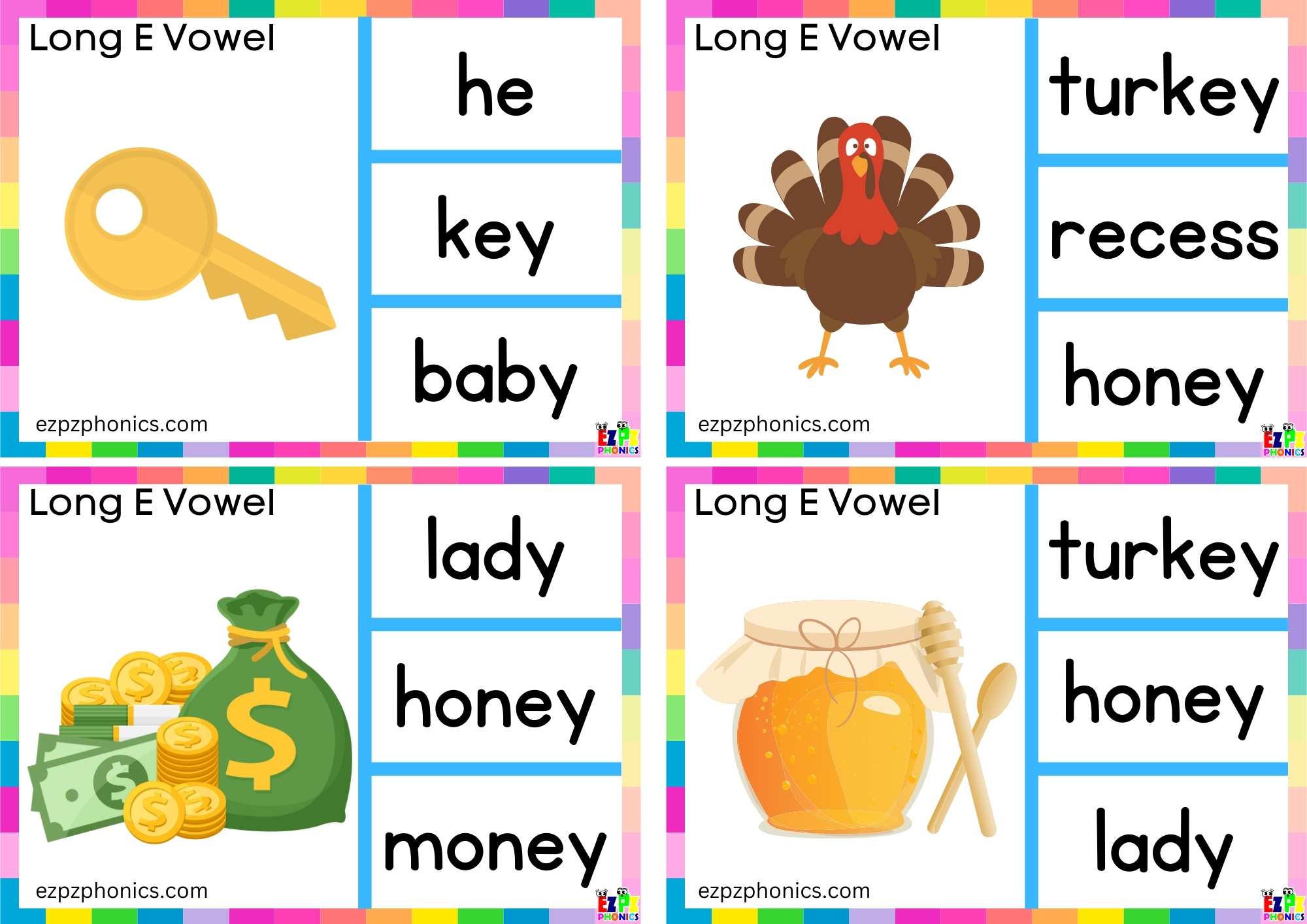 Look at the image and clip the correct word Long e vowel ey words clip cards